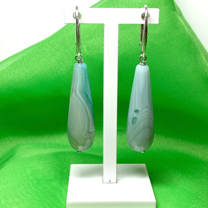 Light green teardrop shaped long drop agate earrings