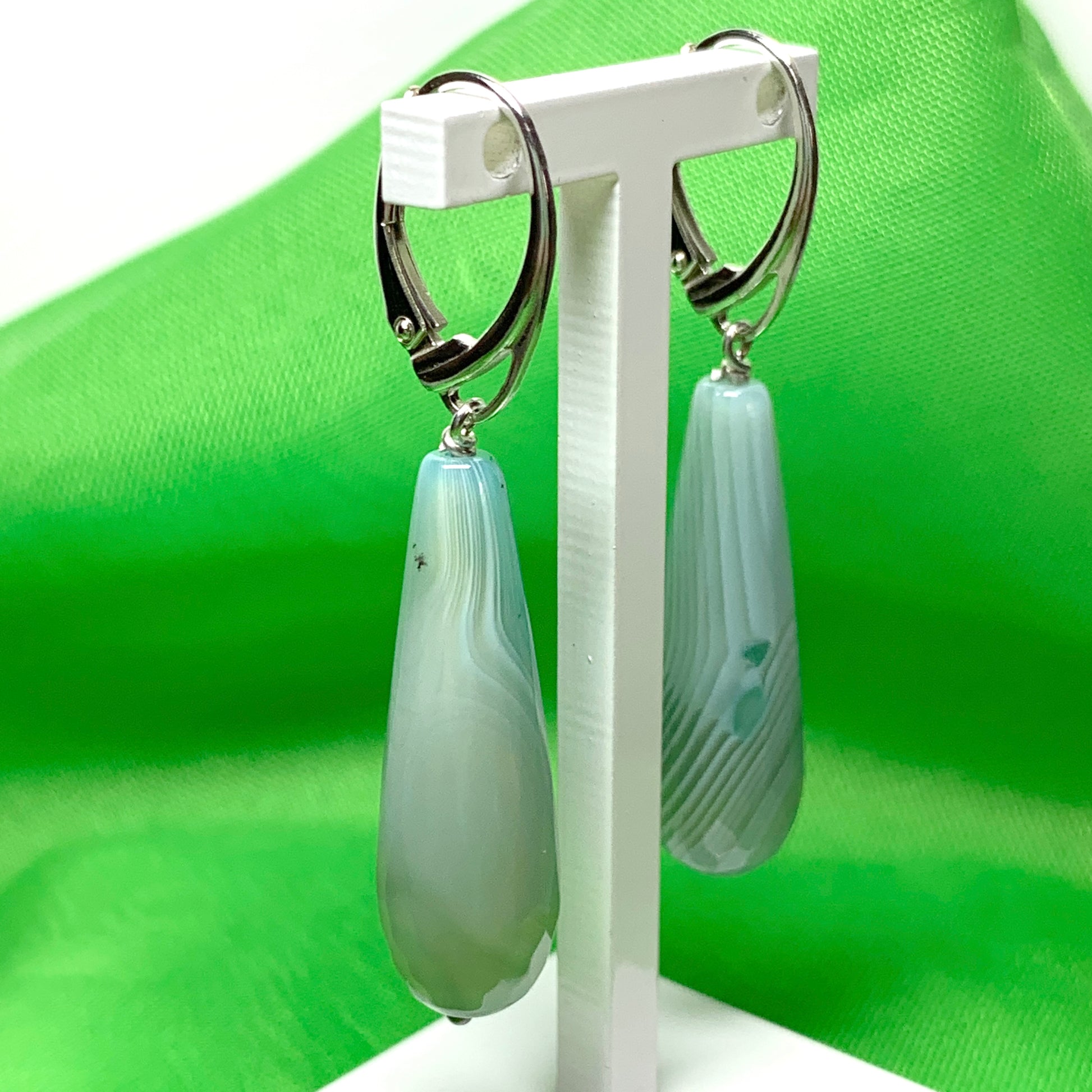Light green teardrop shaped long drop agate earrings