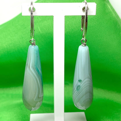 Light green teardrop shaped long drop agate earrings