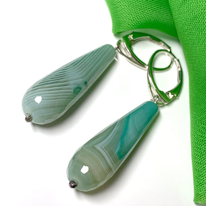 Light green teardrop shaped long drop agate earrings