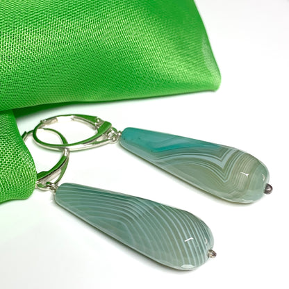 Light green teardrop shaped long drop agate earrings