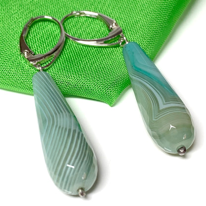 Light green teardrop shaped long drop agate earrings