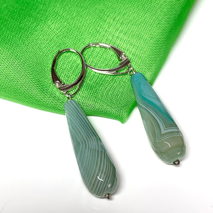 Light green teardrop shaped long drop agate earrings