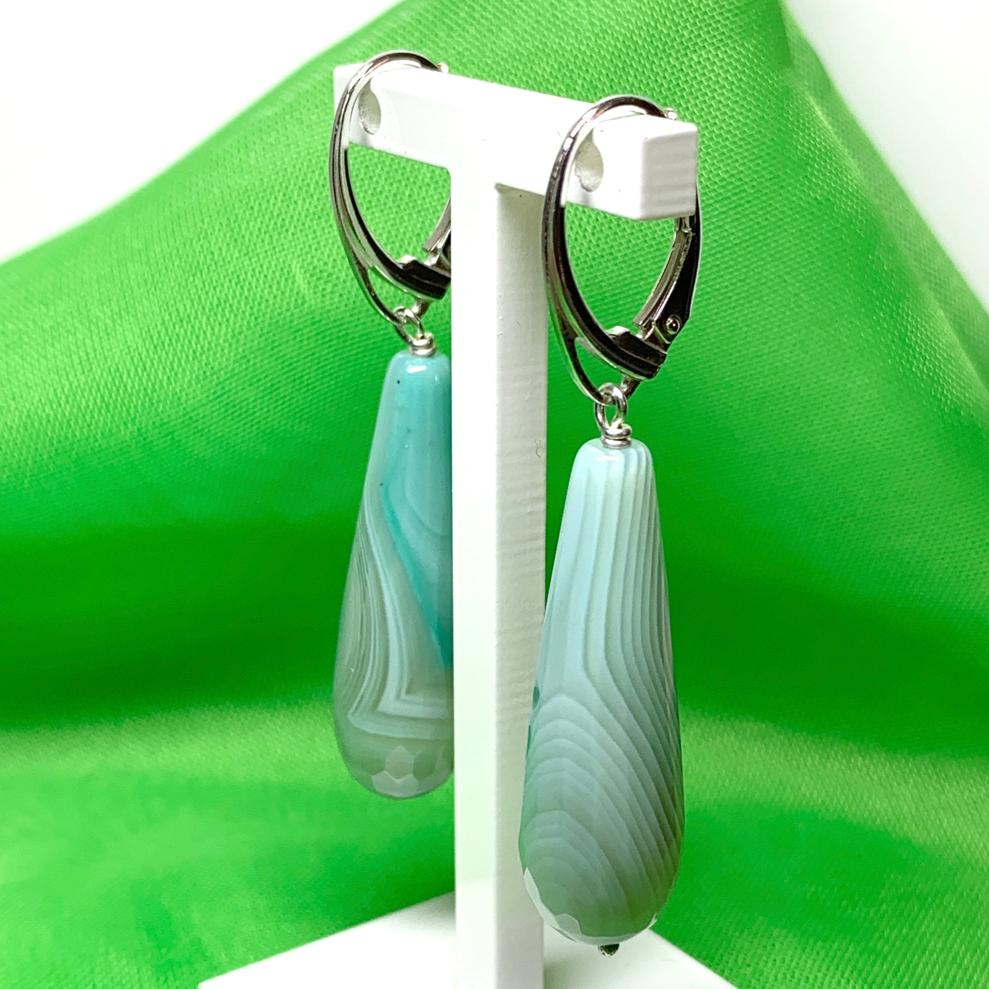Light green teardrop shaped long drop agate earrings