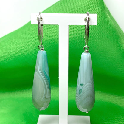 Light green teardrop shaped long drop agate earrings