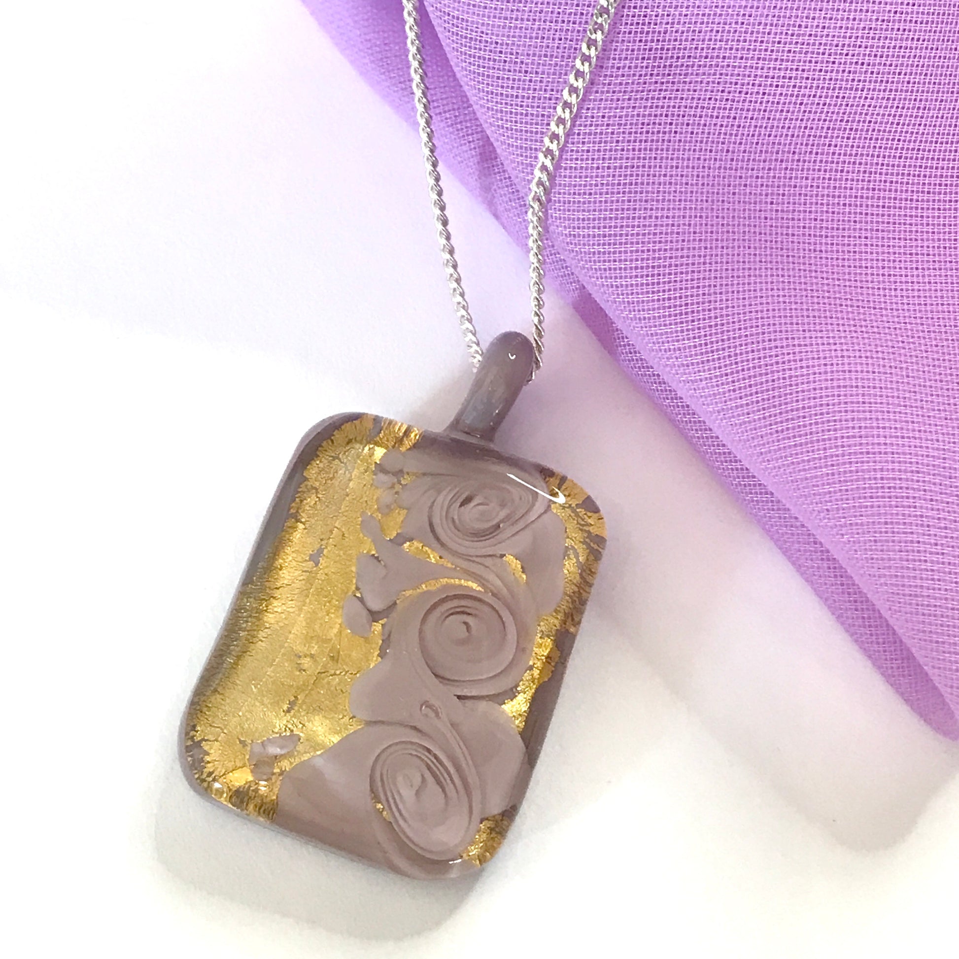 Lilac and Gold Square Murano Glass Necklace
