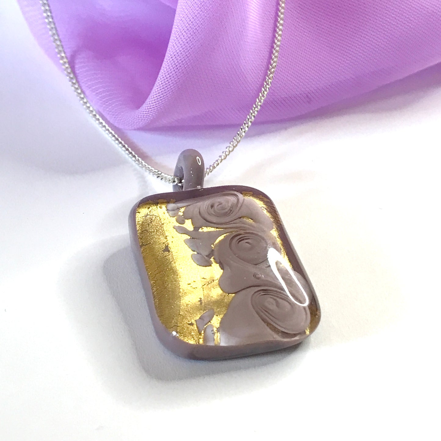 Lilac and Gold Square Murano Glass Necklace 