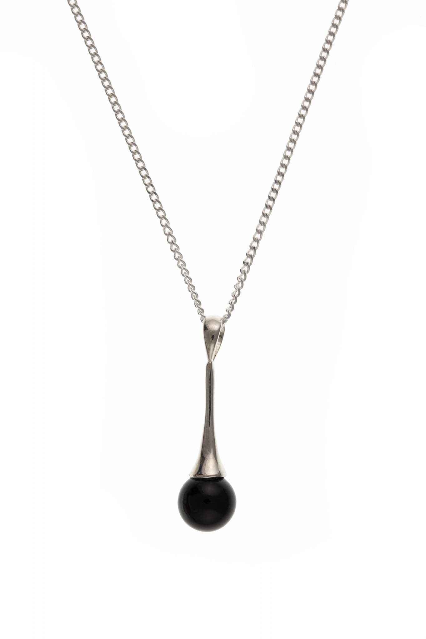 Long round black sterling silver real onyx necklace