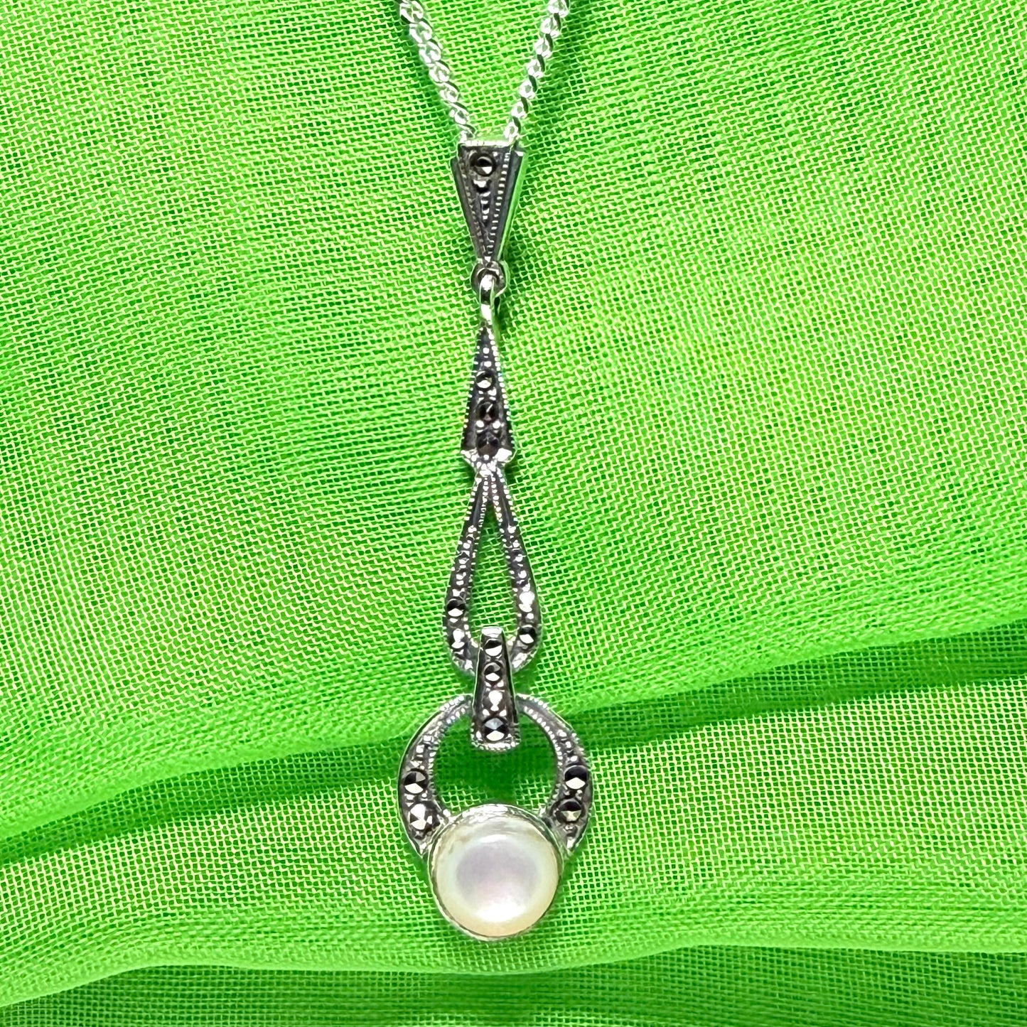 Long real Mother of Pearl and marcasite sterling silver necklace