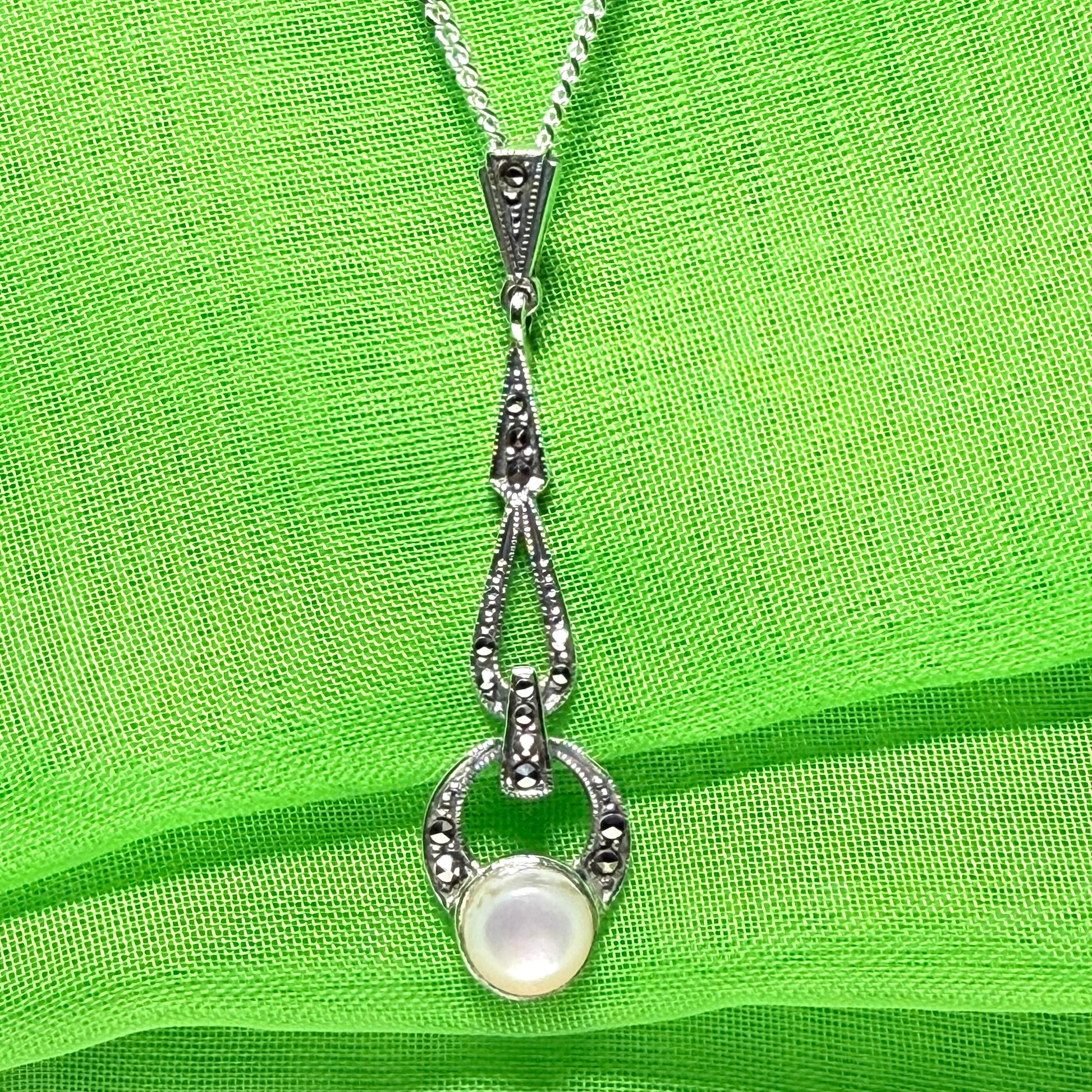 Long real Mother of Pearl and marcasite sterling silver necklace
