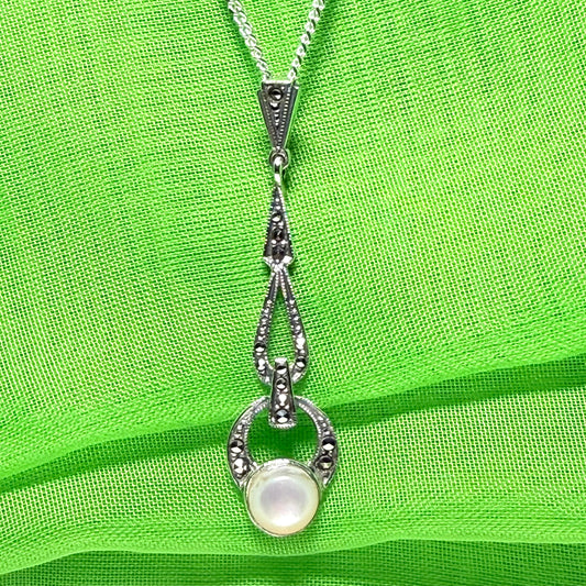 Long real Mother of Pearl and marcasite sterling silver necklace