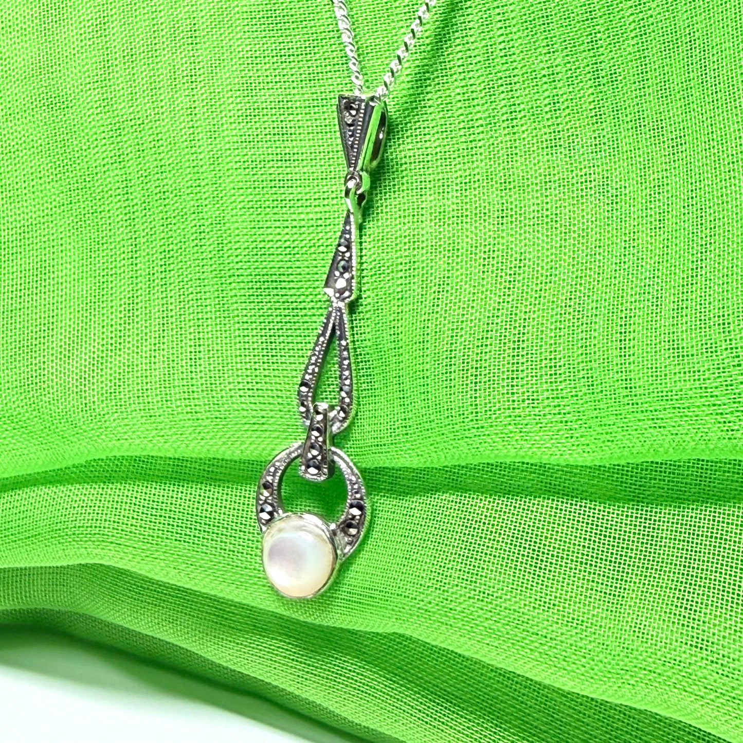 Long real Mother of Pearl and marcasite sterling silver necklace With chain