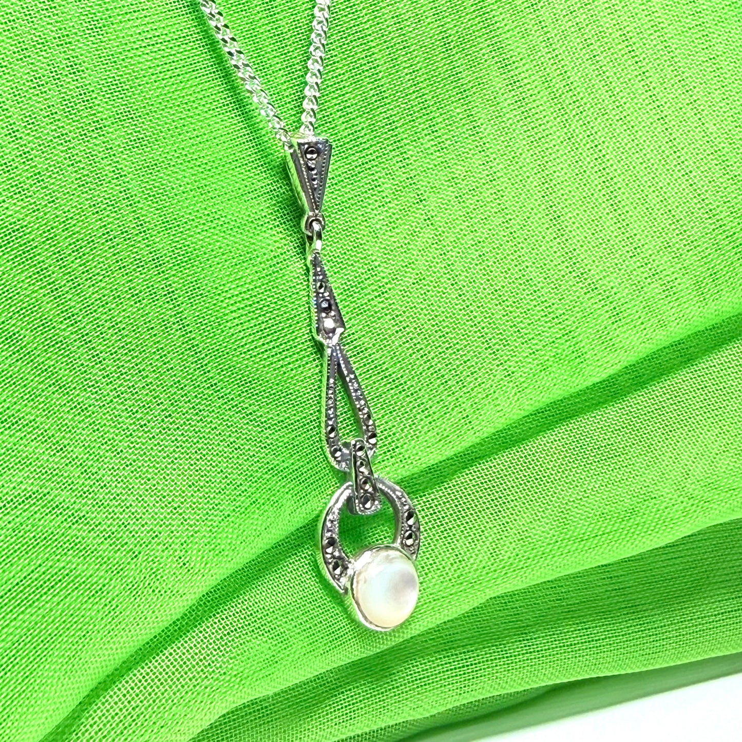 Long real Mother of Pearl and marcasite sterling silver necklace