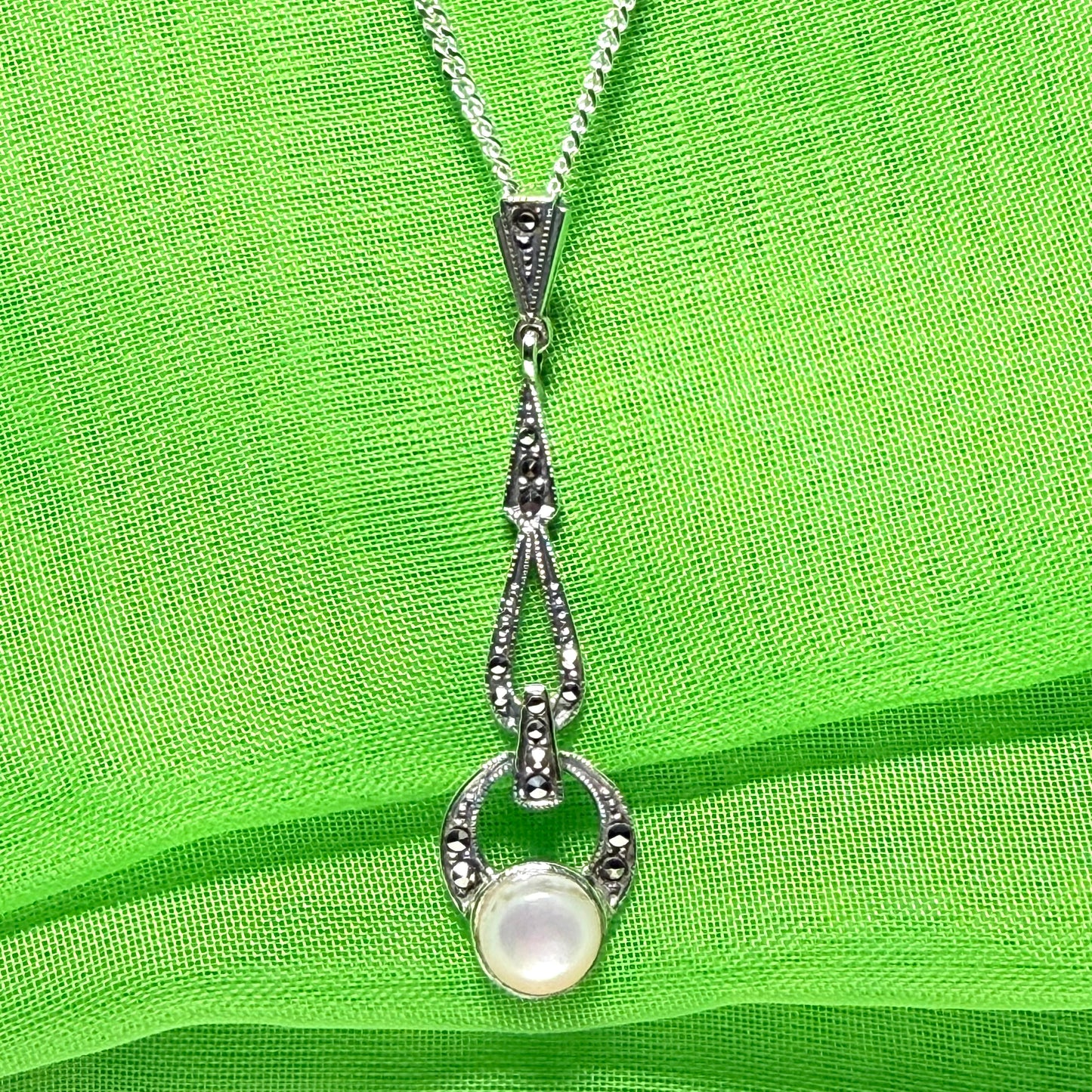 Long real Mother of Pearl and marcasite sterling silver necklace With chain