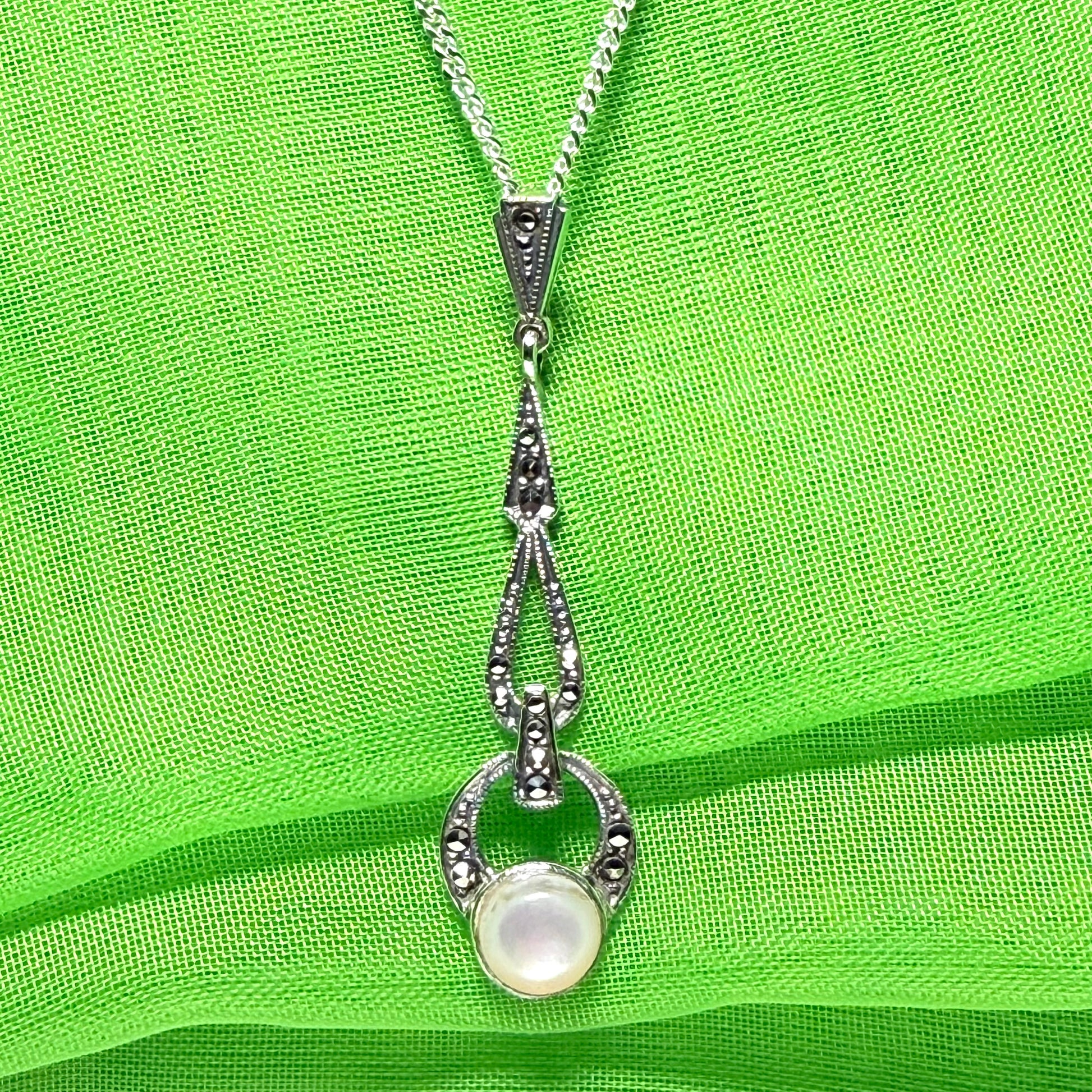 Long real Mother of Pearl and marcasite sterling silver necklace With chain