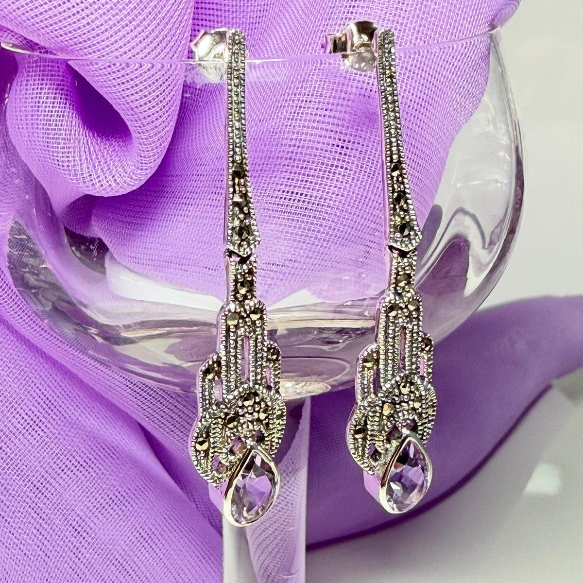 Long real purple amethyst and real marcasite fancy dropped earrings