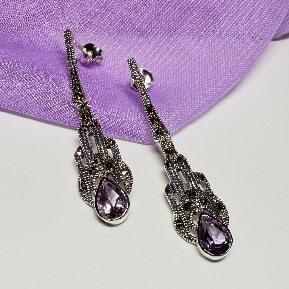 Long real purple amethyst and real marcasite fancy dropped earrings