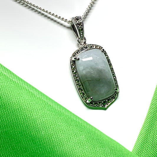 Long cushion shaped light green jade and marcasite silver necklace pendant