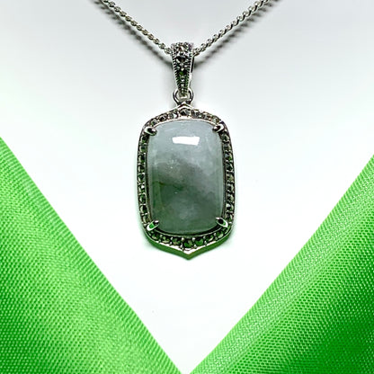 Long cushion shaped light green jade and marcasite silver necklace pendant