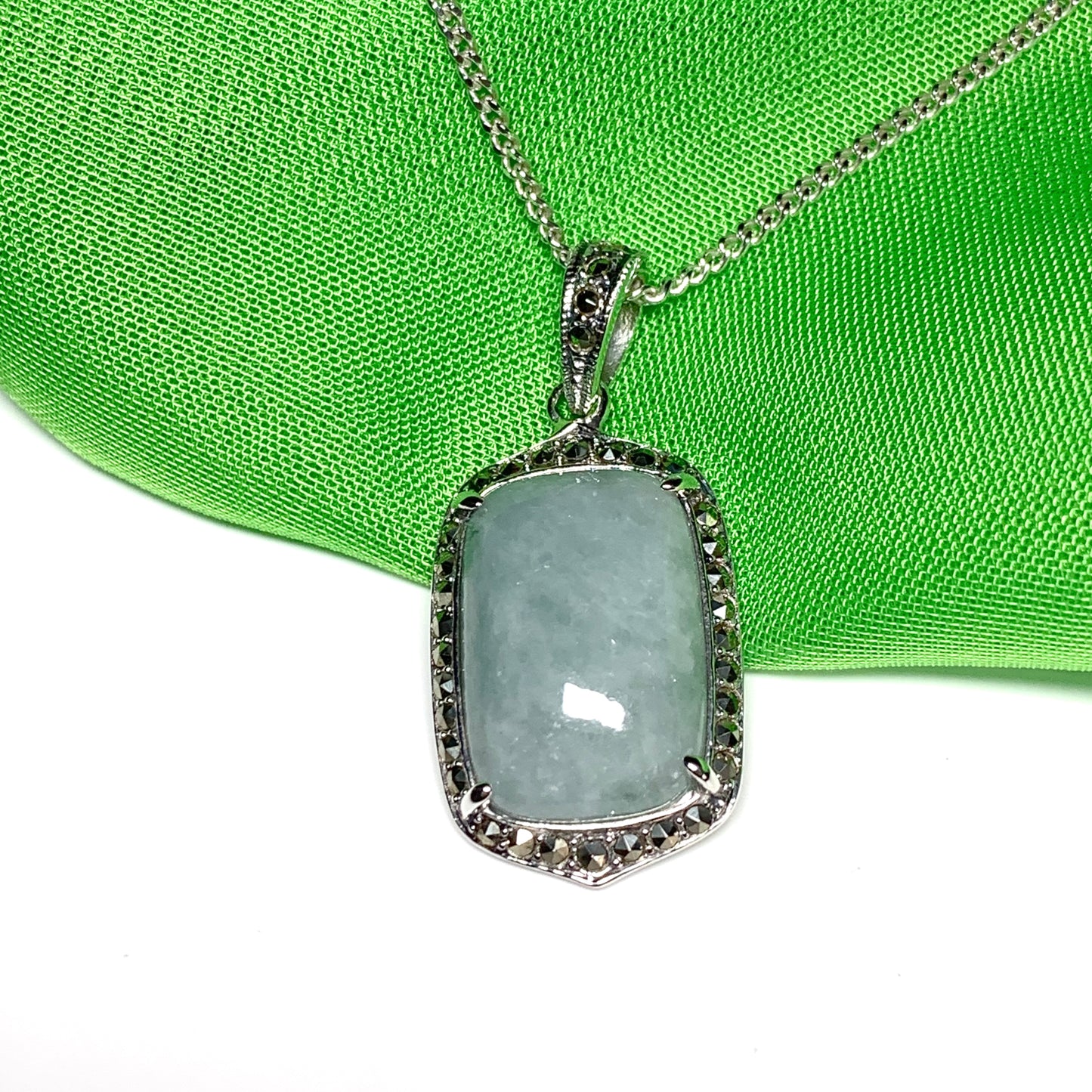 Long cushion shaped silver green jade and marcasite necklace pendant
