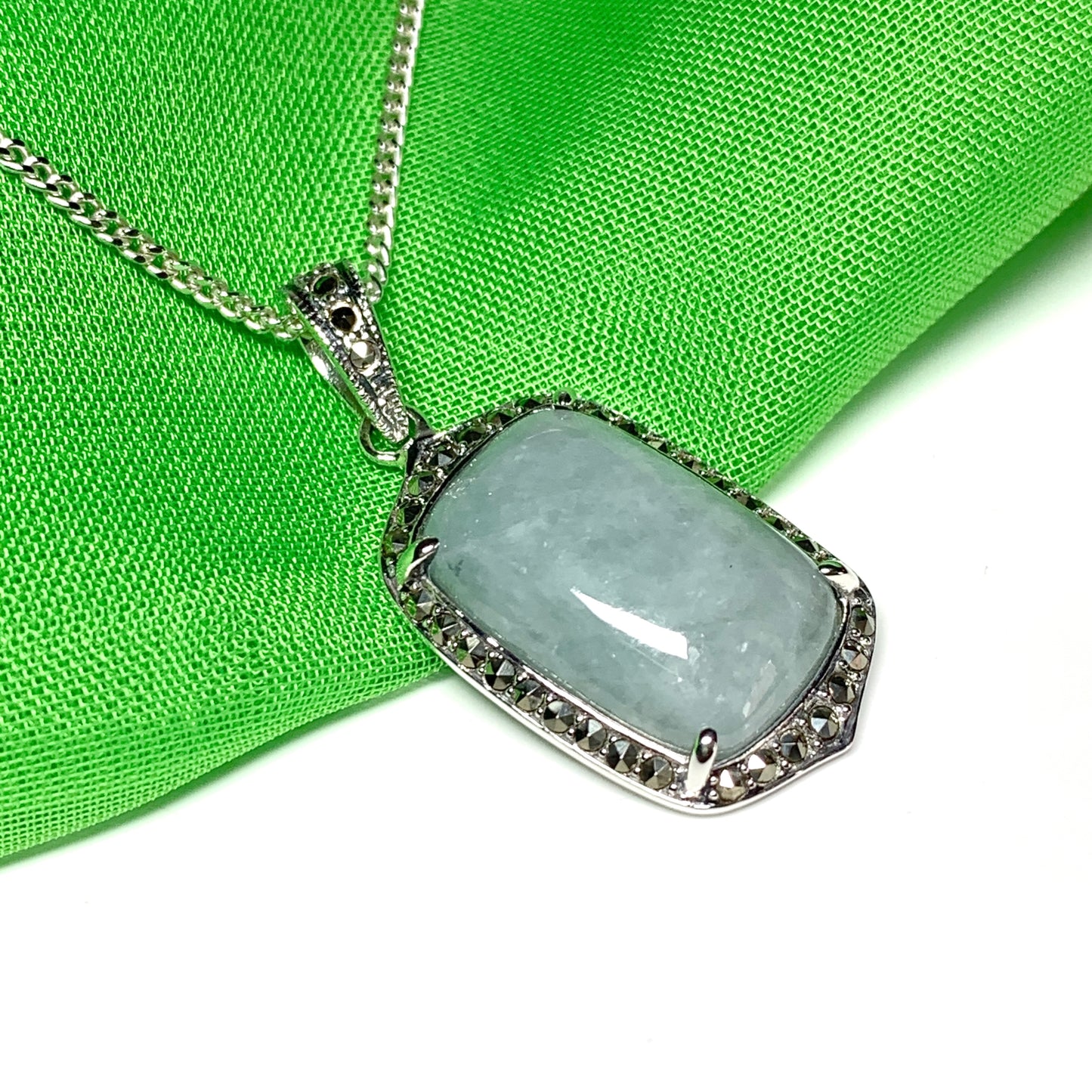 Long cushion shaped silver green jade and marcasite necklace pendant