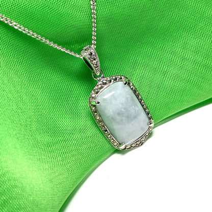 Long cushion shaped silver light green jade and marcasite necklace pendant