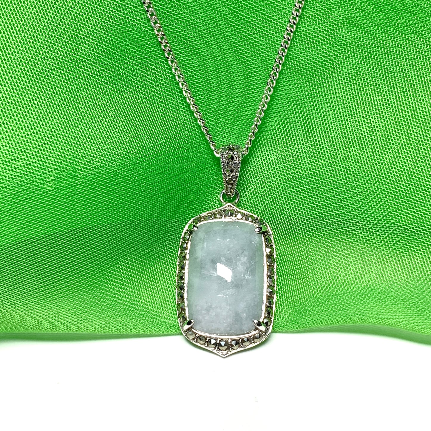 Long cushion shaped silver light green jade and marcasite necklace pendant