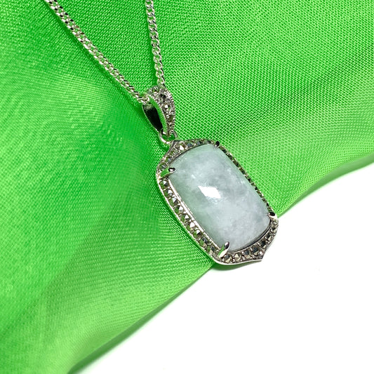 Long cushion shaped silver light green jade and marcasite necklace pendant