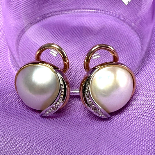 Mabe Pearl And Diamond Round Clip On Stud Earrings 14 mm Yellow Gold