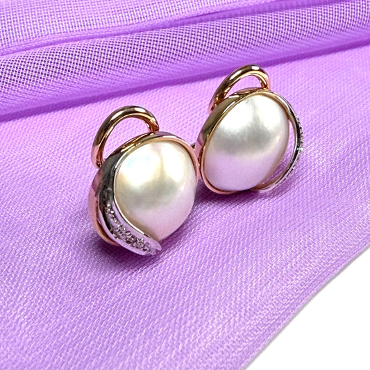 Mabe Pearl And Diamond Round Clip On Stud Earrings 14 mm Yellow Gold