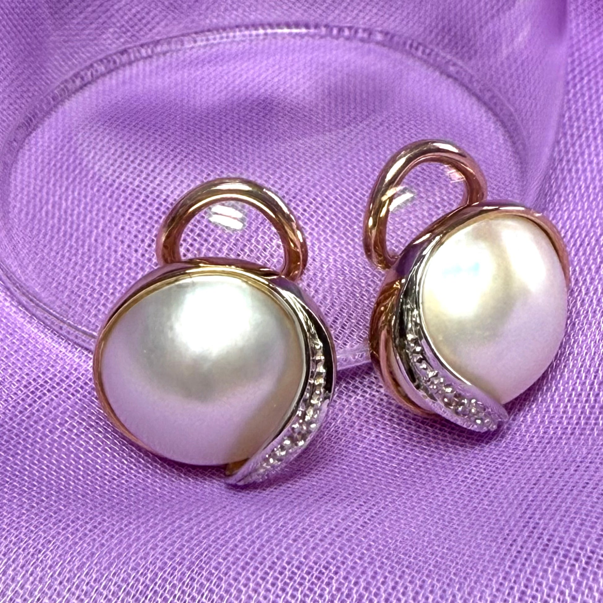 Mabe Pearl And Diamond Round Clip On Stud Earrings 14 mm Yellow Gold
