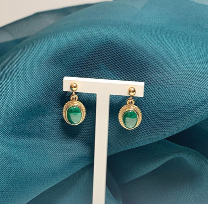 Malachite Yellow Gold Oval Drop Earrings