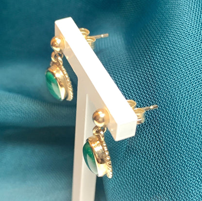 Malachite Yellow Gold Oval Drop Earrings