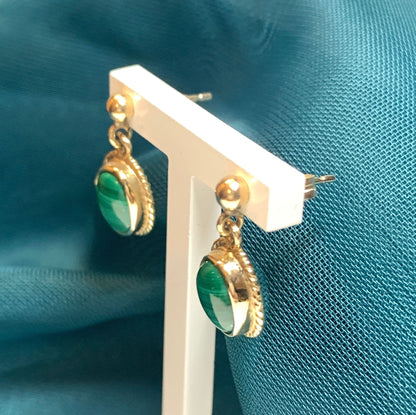 Malachite Yellow Gold Oval Drop Earrings