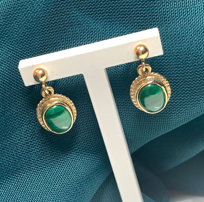 Malachite Yellow Gold Oval Drop Earrings