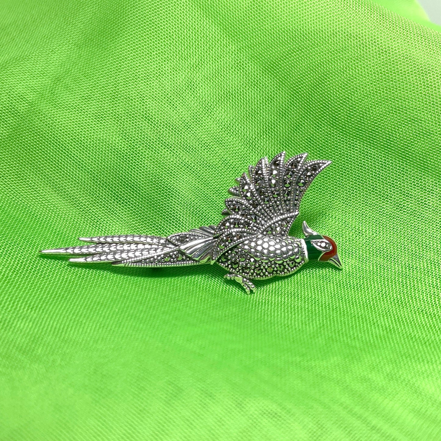 Marcasite Pheasant Brooch Sterling Silver