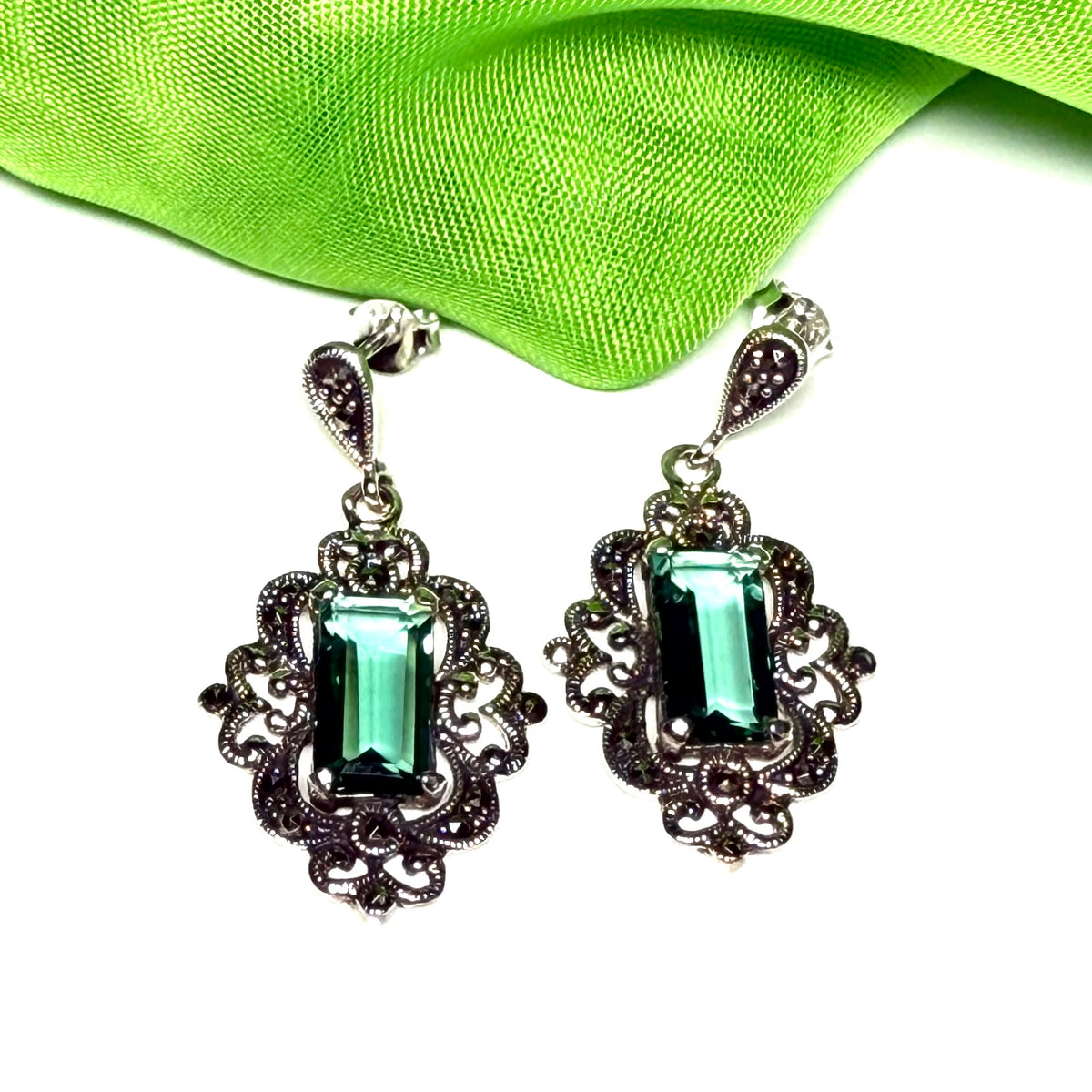 Marcasite and green cubic zirconia silver drop earrings