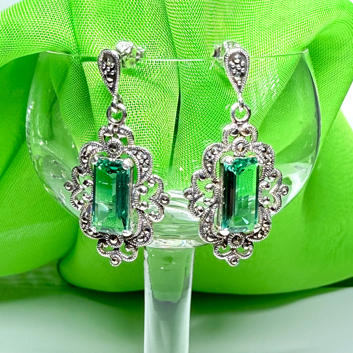 Marcasite and green cubic zirconia silver drop earrings