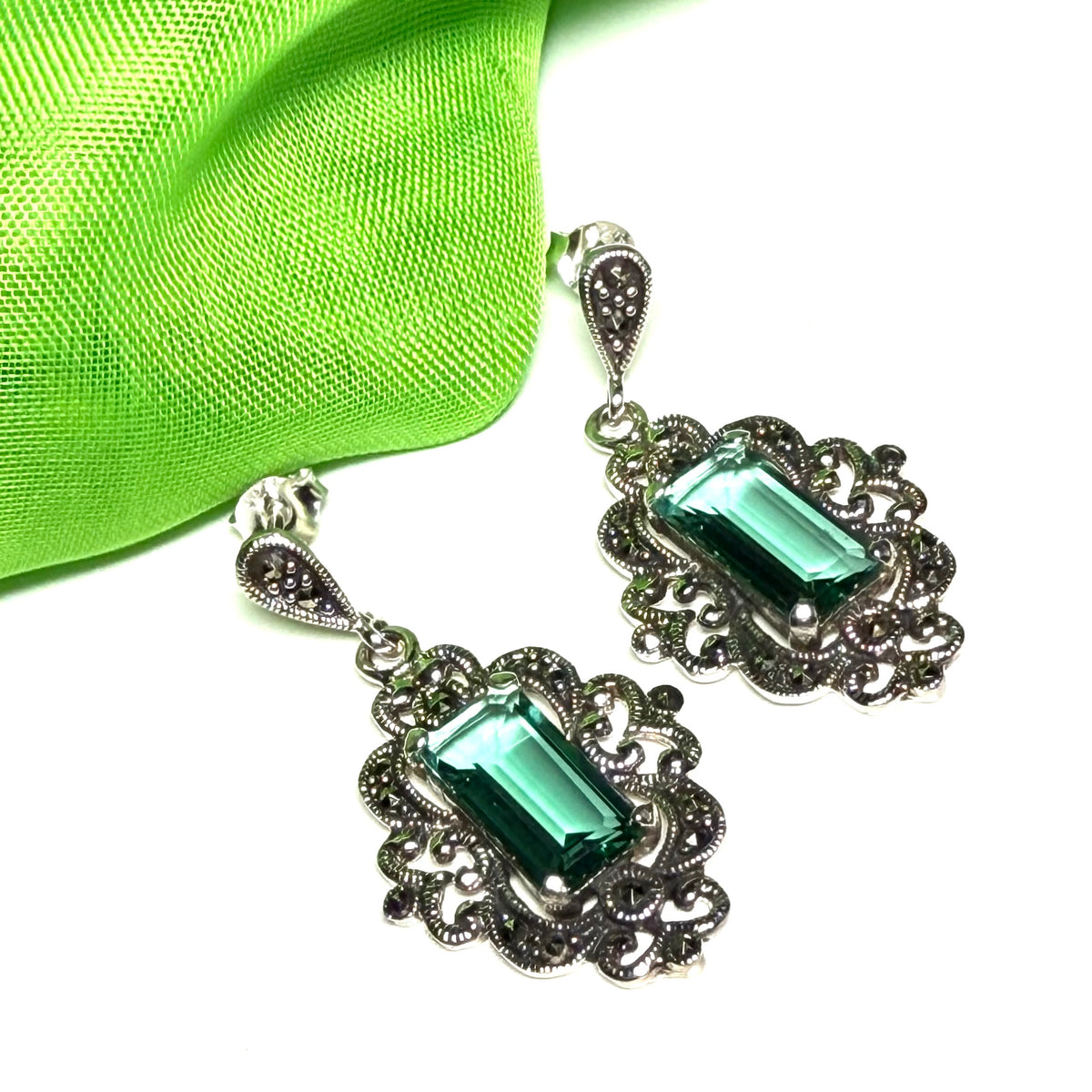 Marcasite and green cubic zirconia silver drop earrings