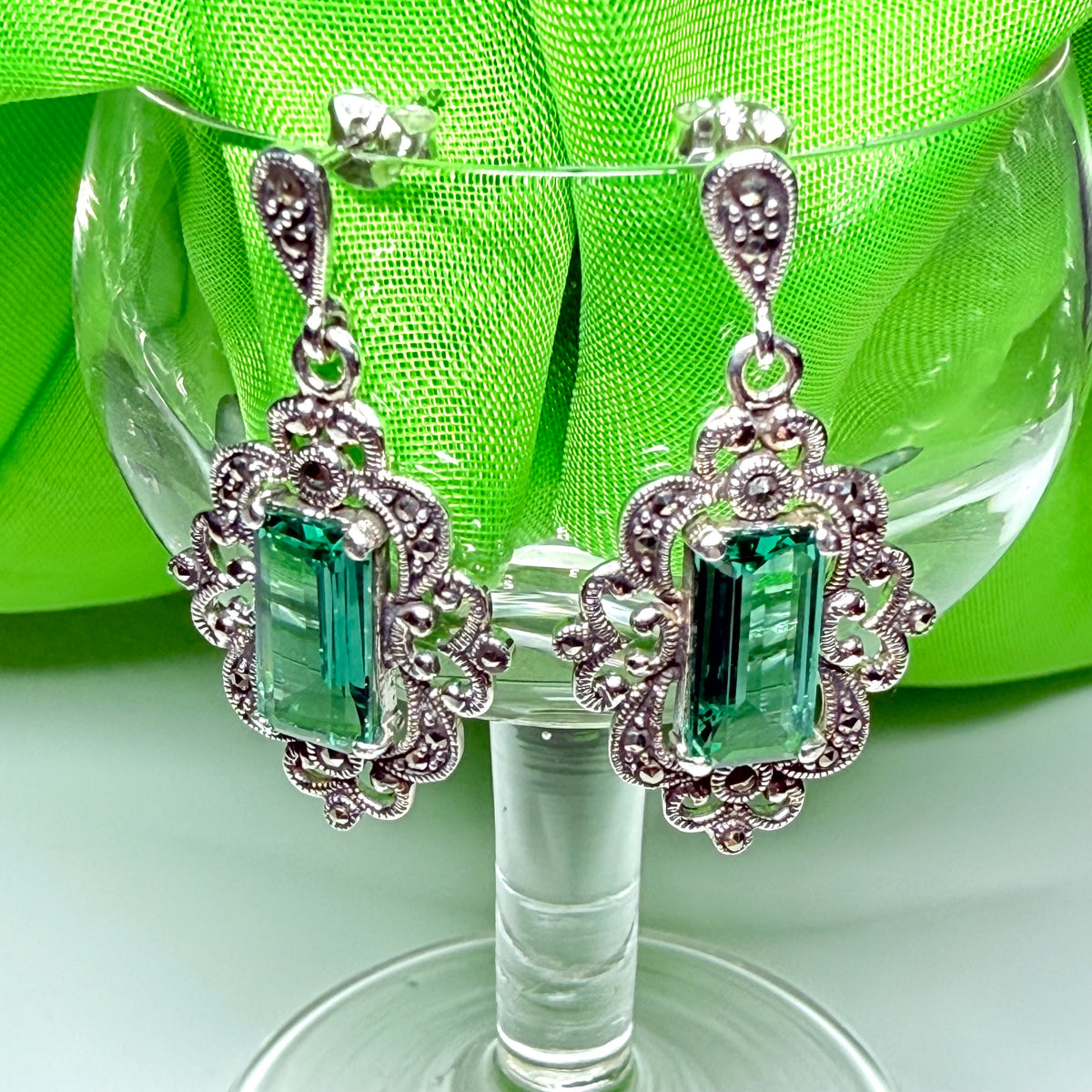 Marcasite and green cubic zirconia silver drop earrings