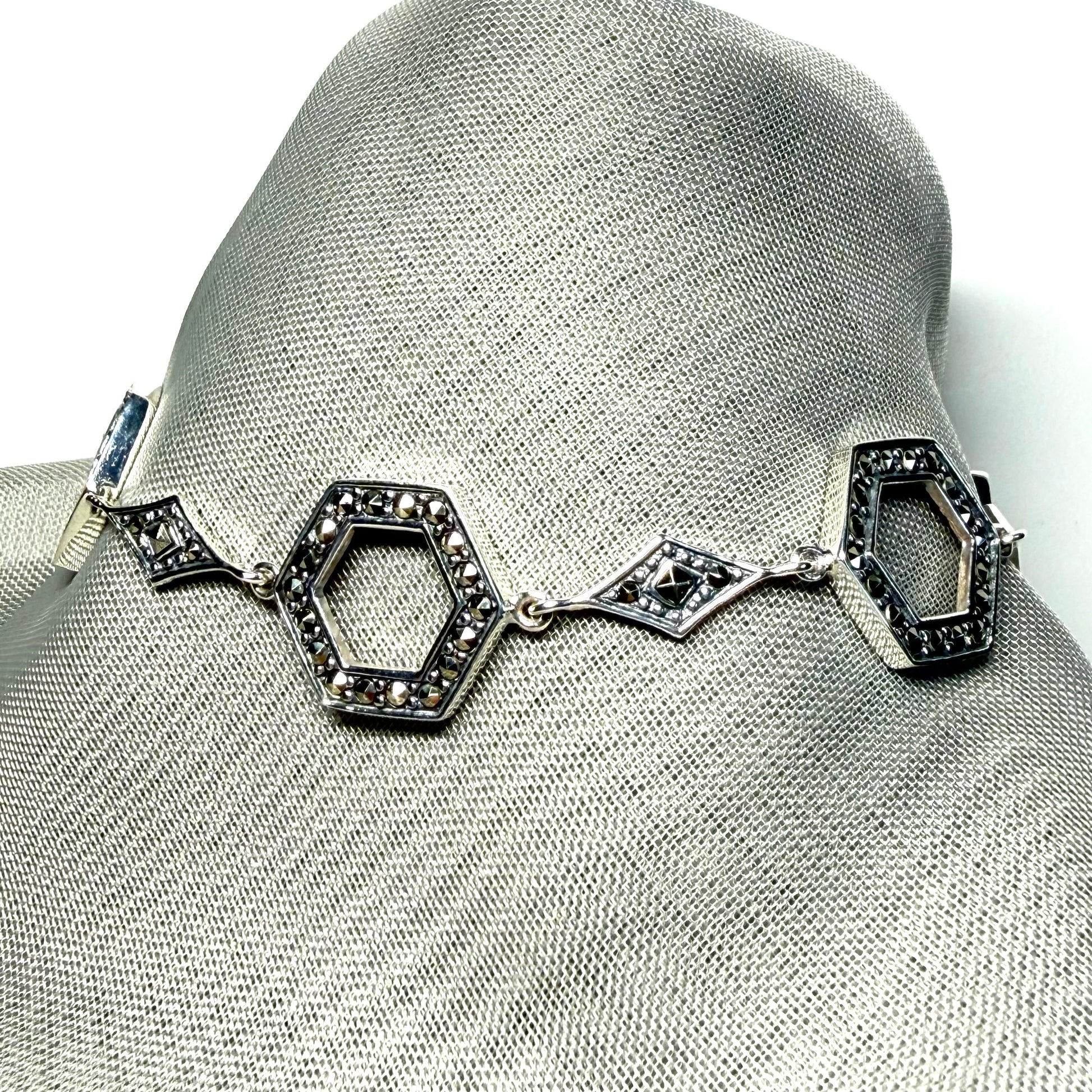 Marcasite bracelet sterling silver ladies open hexagonal fancy link