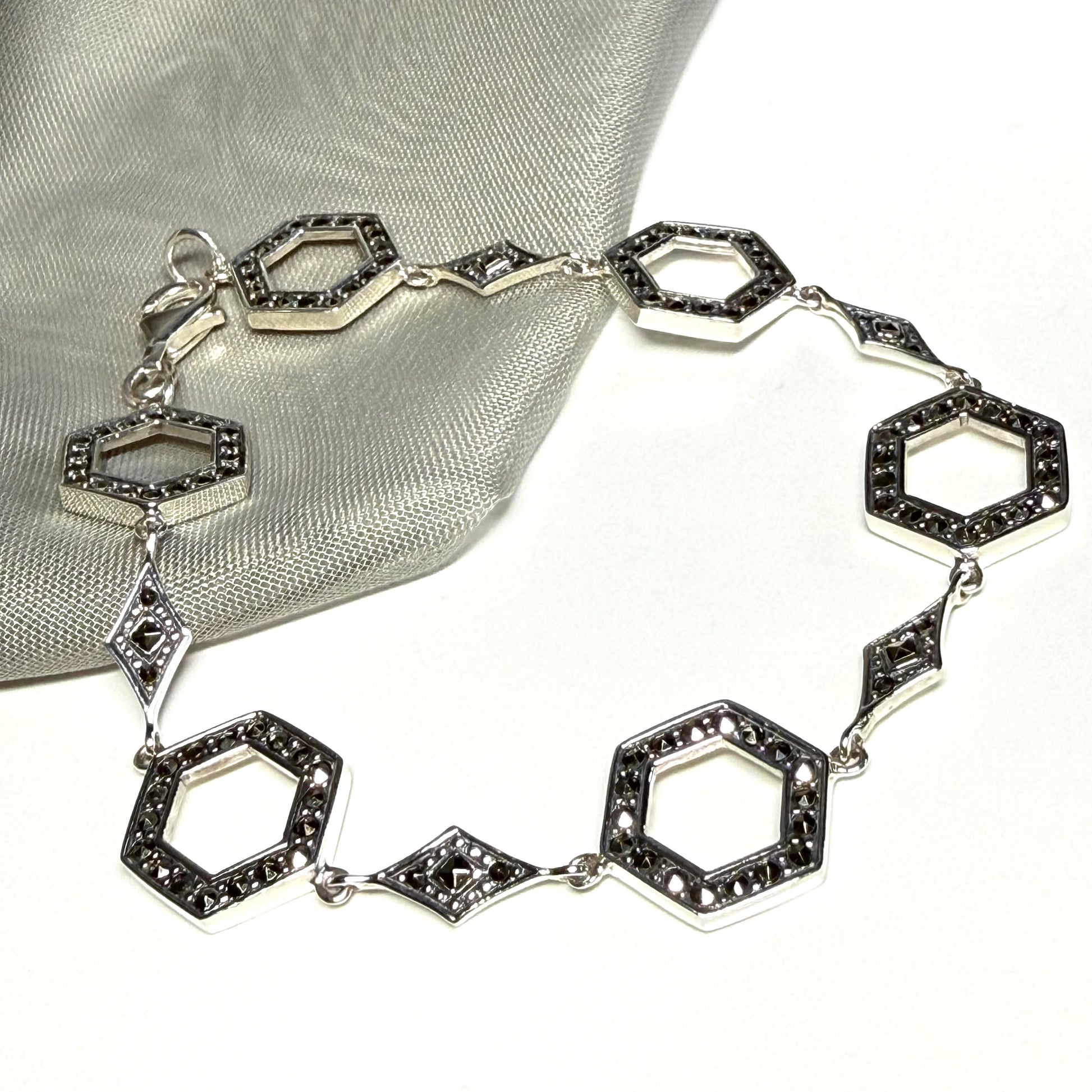 Marcasite bracelet sterling silver ladies open hexagonal fancy link