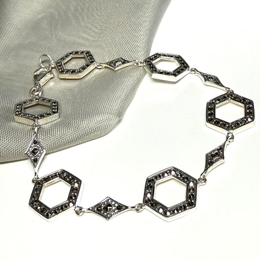 Marcasite bracelet sterling silver ladies open hexagonal fancy link