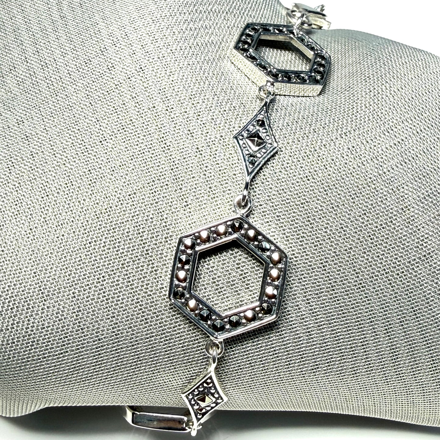 Marcasite bracelet sterling silver ladies open hexagonal fancy link