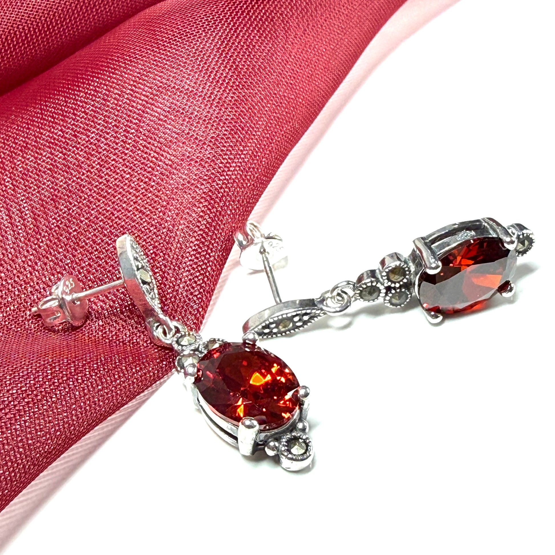 Marcasite sterling silver long drop earrings with garnet coloured stones