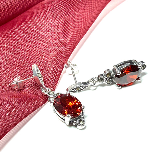 Marcasite sterling silver long drop earrings with garnet coloured stones