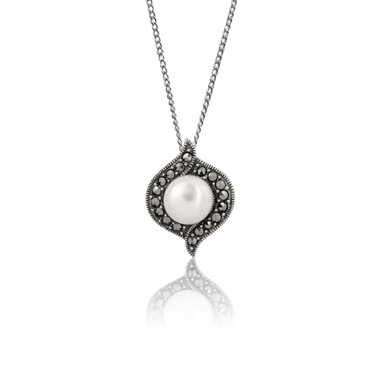 Marcasite and pearl fancy silver necklace