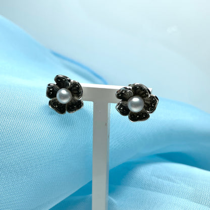 Marcasite and freshwater pearl flower shaped round silver stud earrings