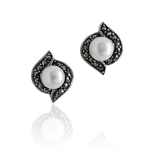 Marcasite and freshwater pearl sterling silver stud earrings