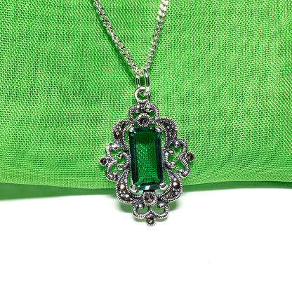 Marcasite and green cubic zirconia silver large drop necklace